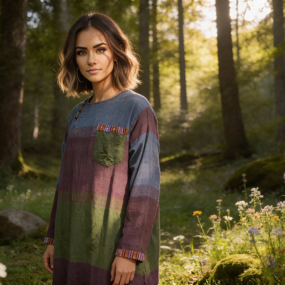 Cotton Bhutani Trim Long-Sleeve Round Neck Tunic - Tri Color (Plum)